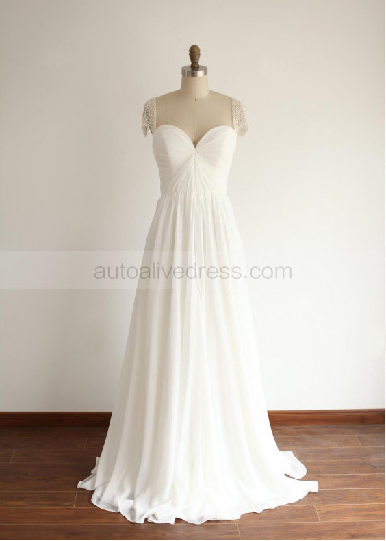 Beaded Cap Sleeves Ivory Chiffon Pleated Simple Wedding Dress